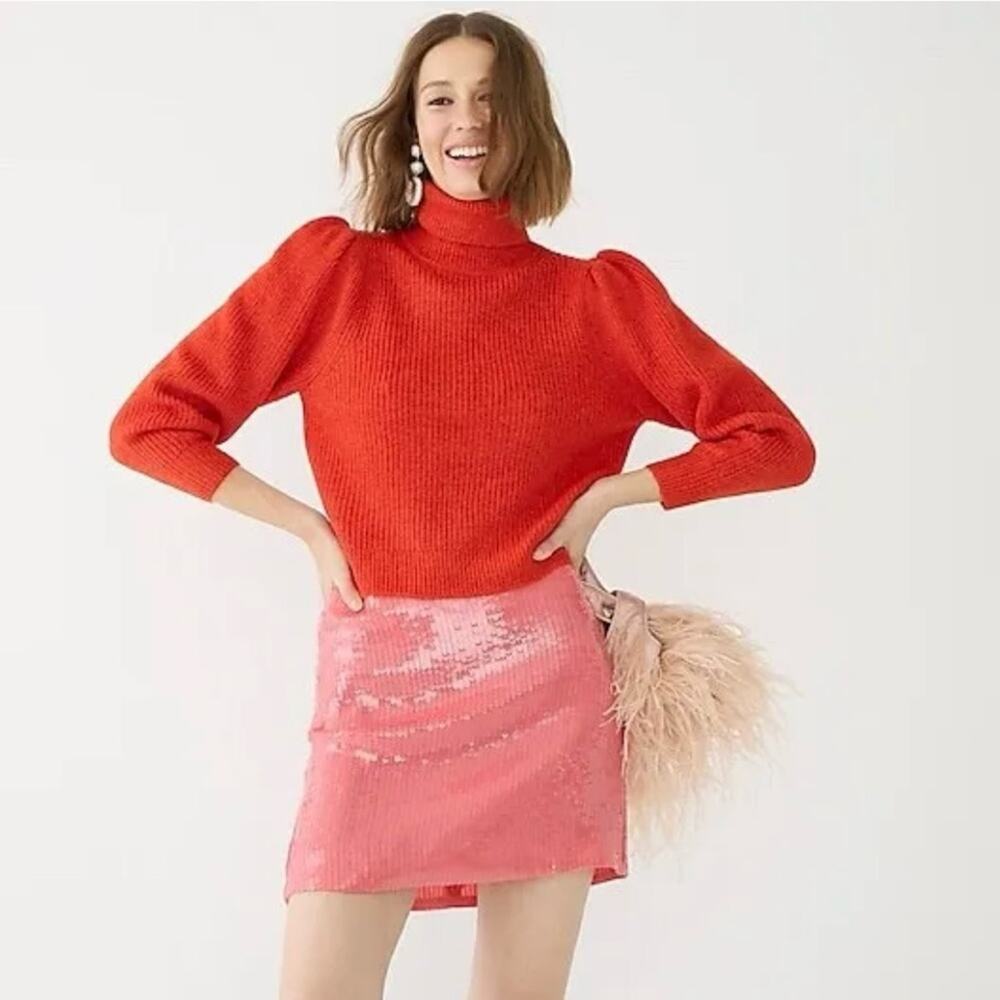 J. Crew Cropped Puff-Sleeve Turtleneck Sweater Persimmon Poppy Womens Small $118